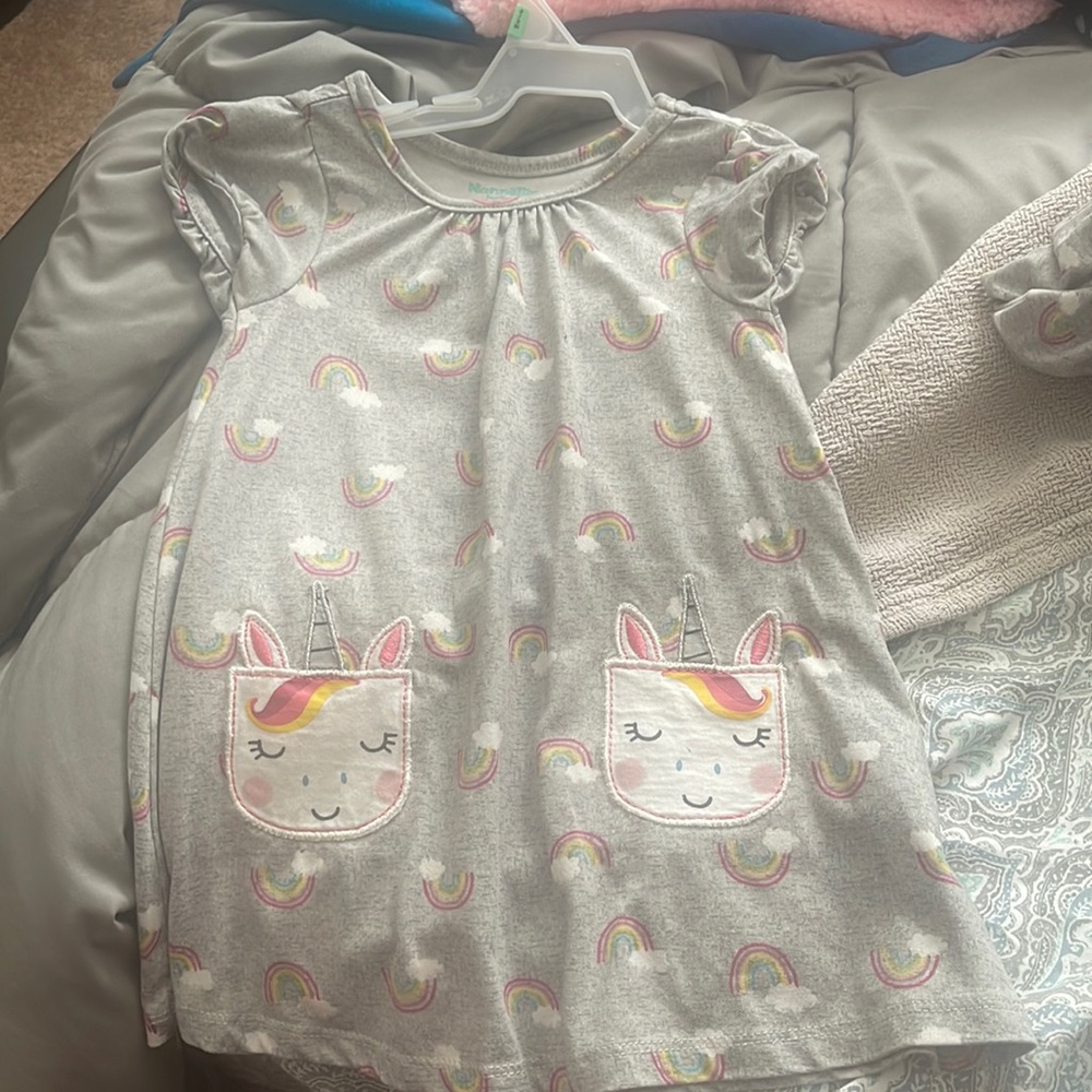 Gray short sleeved dress with rainbows and unicorns
